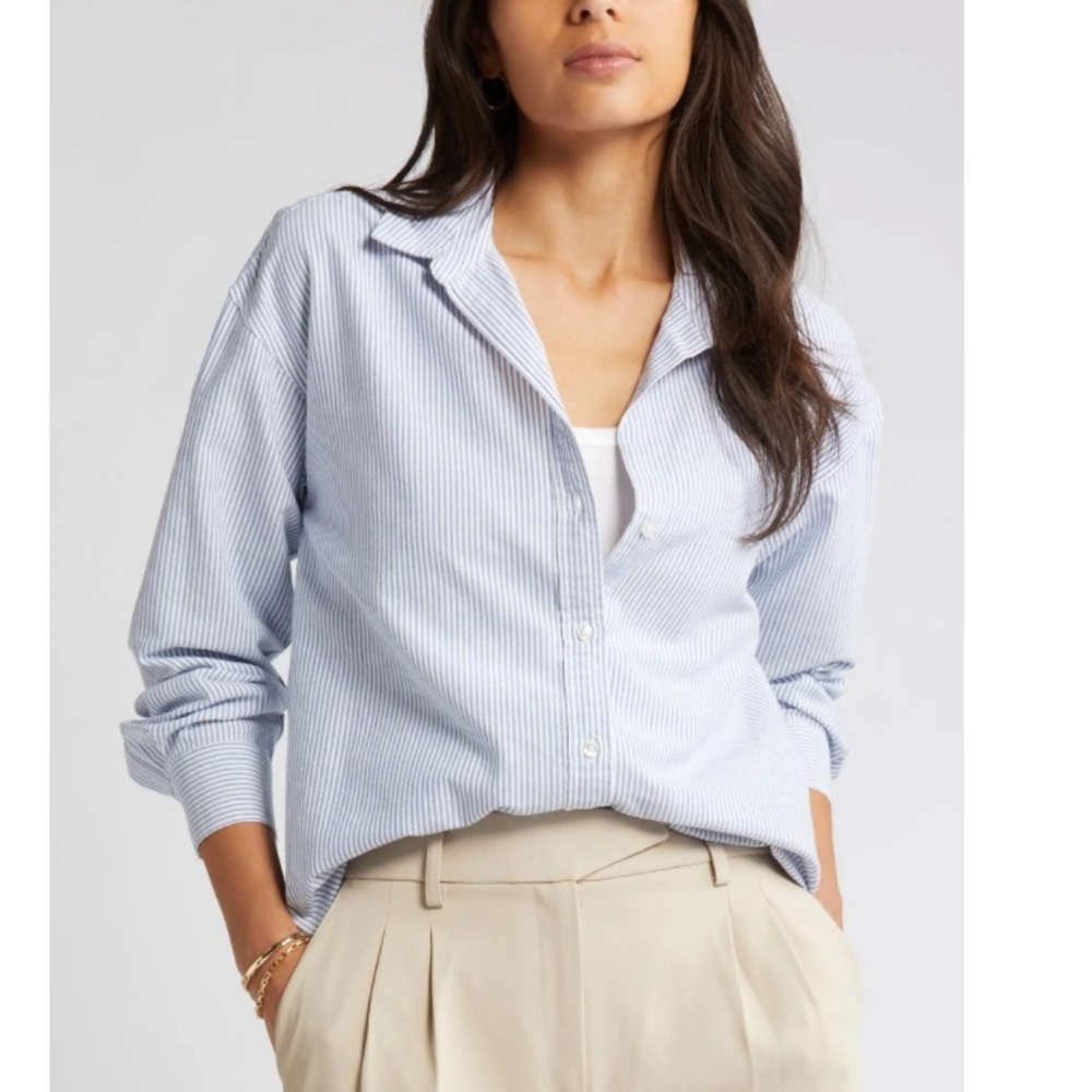 Women’s Beach Lunch Lounge Blue/White Striped Button Down Shirt - Large